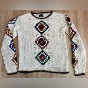 Vintage crochet sweater knit granny square cream boho large handmade Puritan